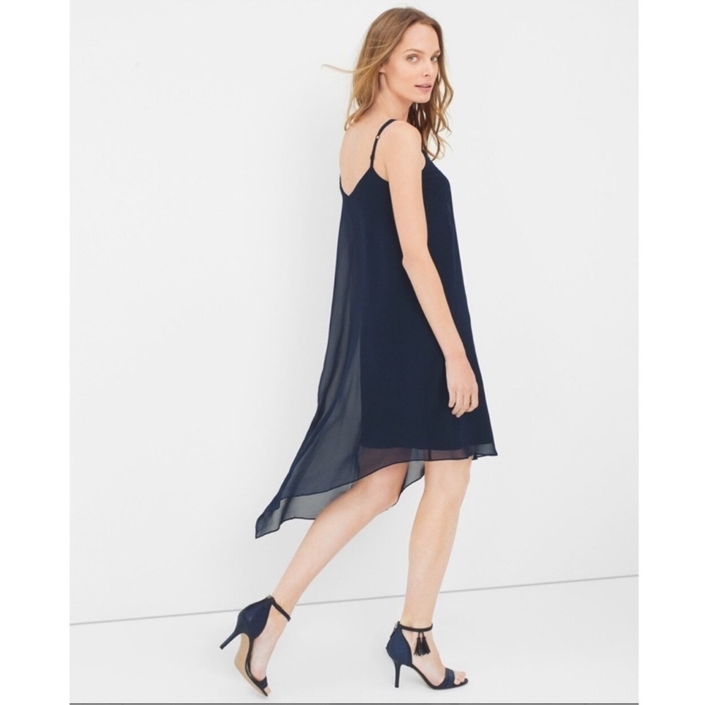 White House Black Market Asymmetric Chiffon Midi Dress Navy Blue size 12